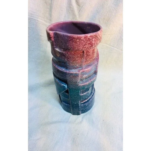 Vintage Large Cylinder Vase Geometric Pink And Blue Glaze Retro